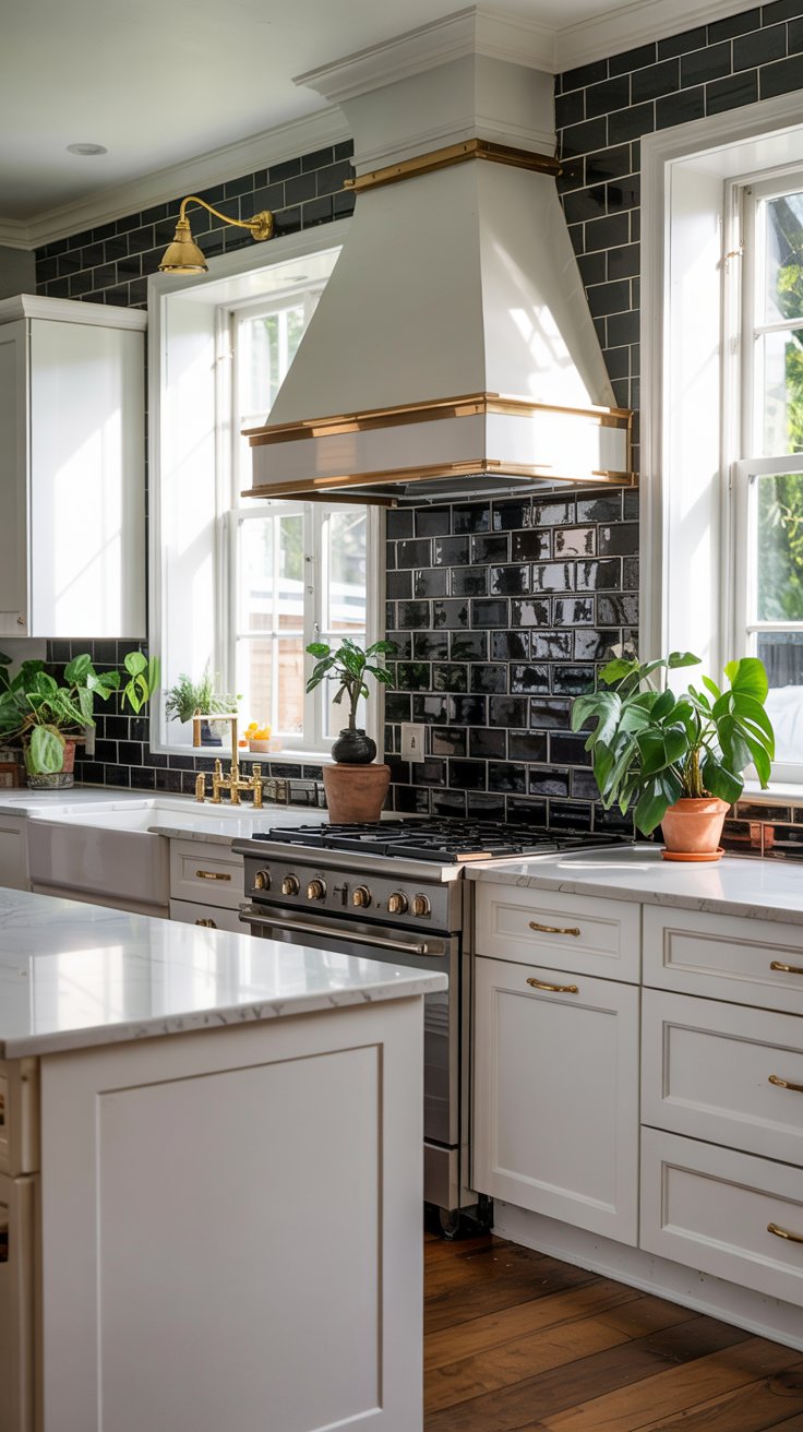 Elegant Kitchen with Large Windows and Plants