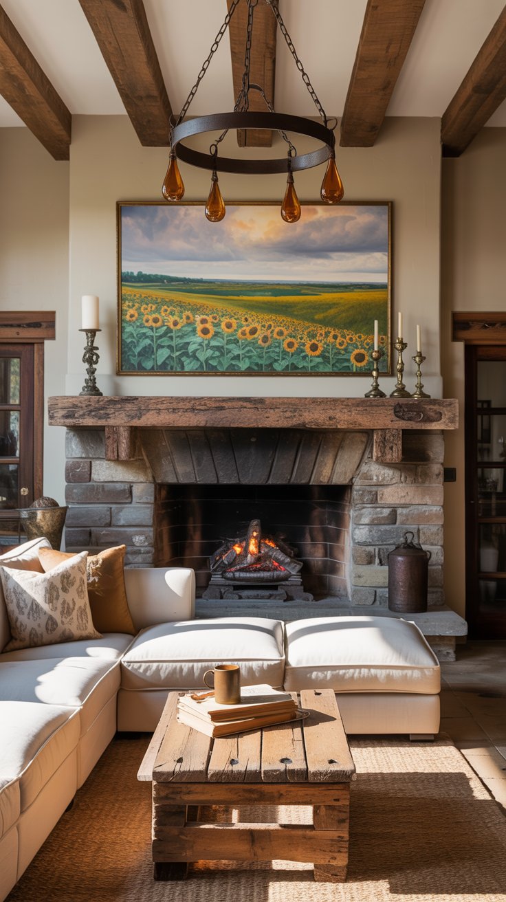 Rustic living room with fireplace and cozy seating