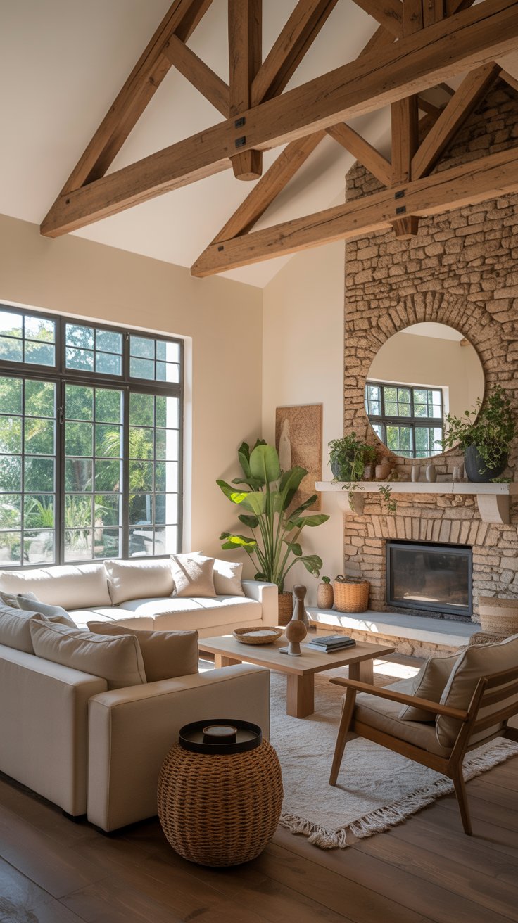 Rustic living room with exposed beams and brick fireplace