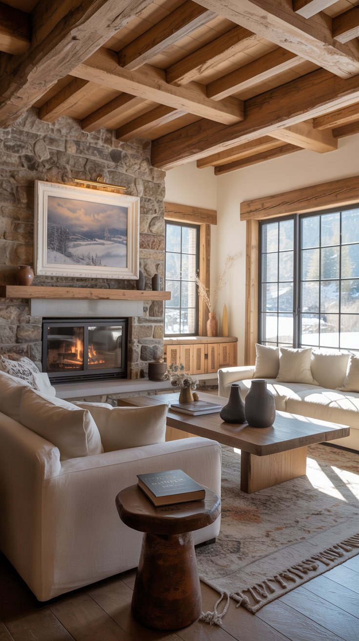 Rustic Living Room with Stone and Wood Accents
