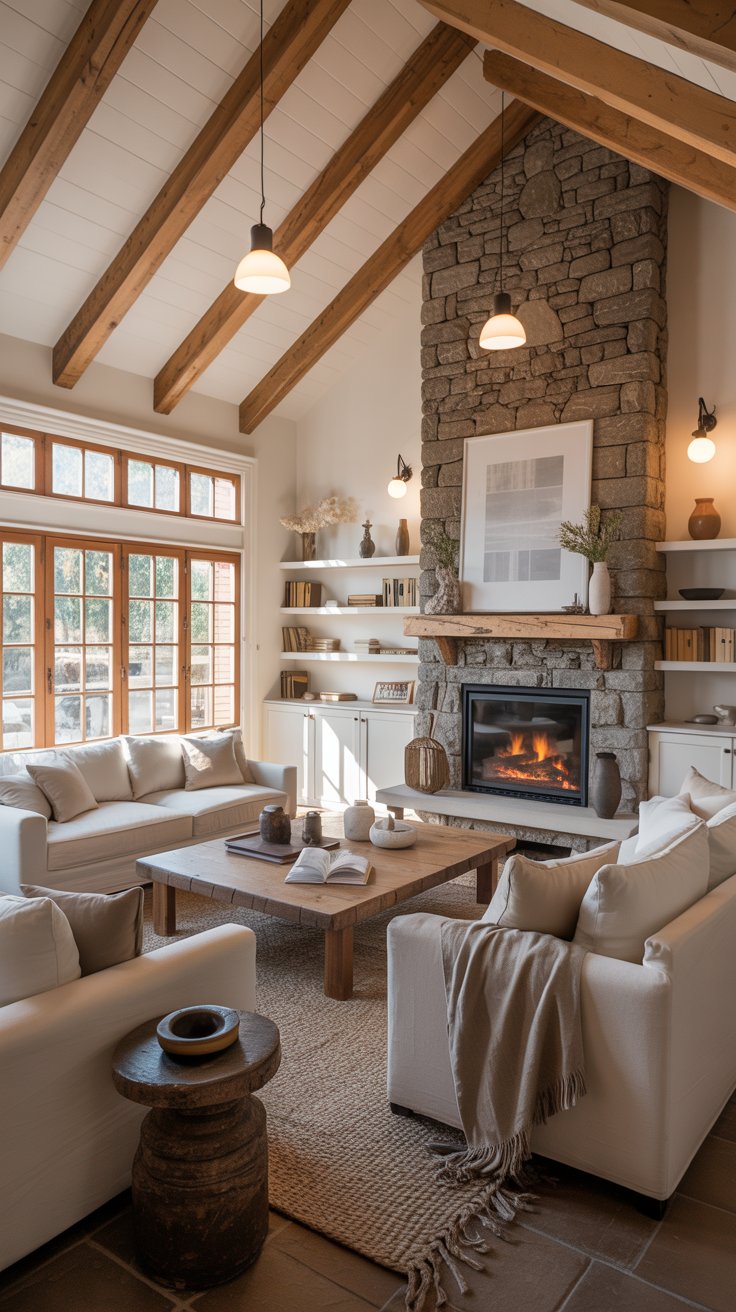 Cozy Cabin Living Room with Fireplace and Wooden Beams