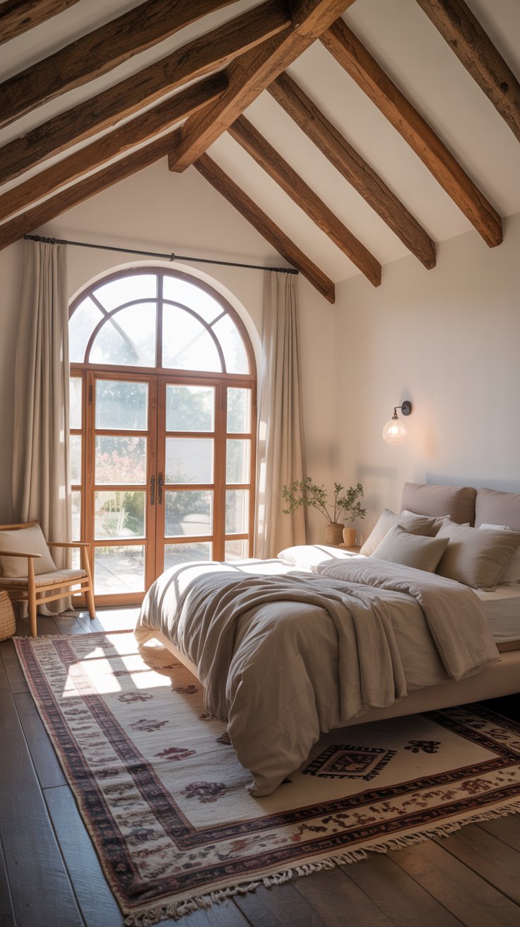 Bedroom with arched windows and wooden beams
