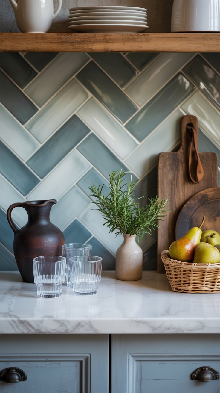 Kitchen with teal herringbone tiles