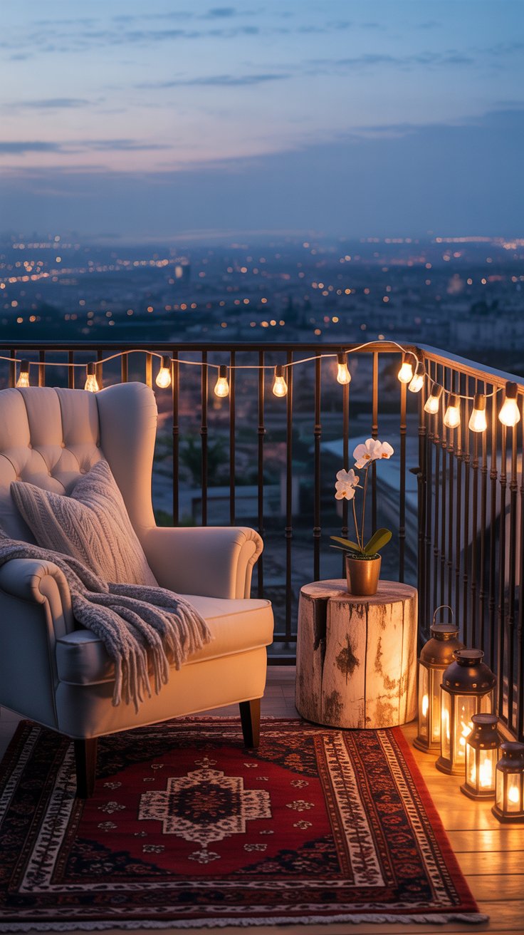 Cozy outdoor seating with string lights