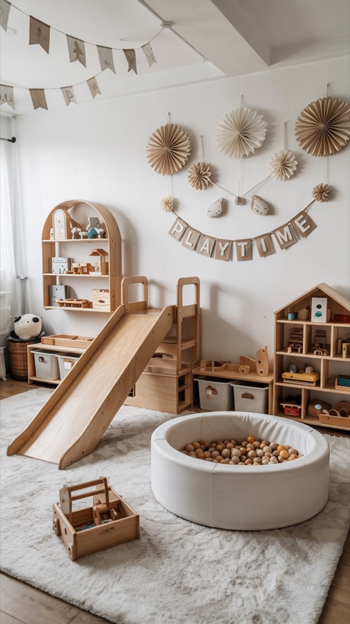 Minimalist playroom design with wooden toys and a slide