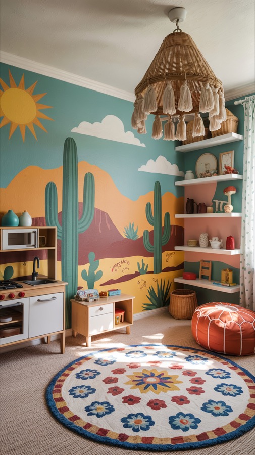 Whimsical children's playroom with desert mural