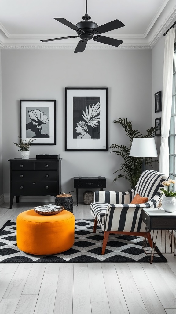 Image of a black and white living room with retro furniture and a bright orange foot stool