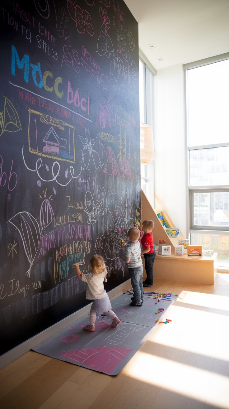 Children drawing on a large chalkboard wall with colorful chalk in a bright playroom.