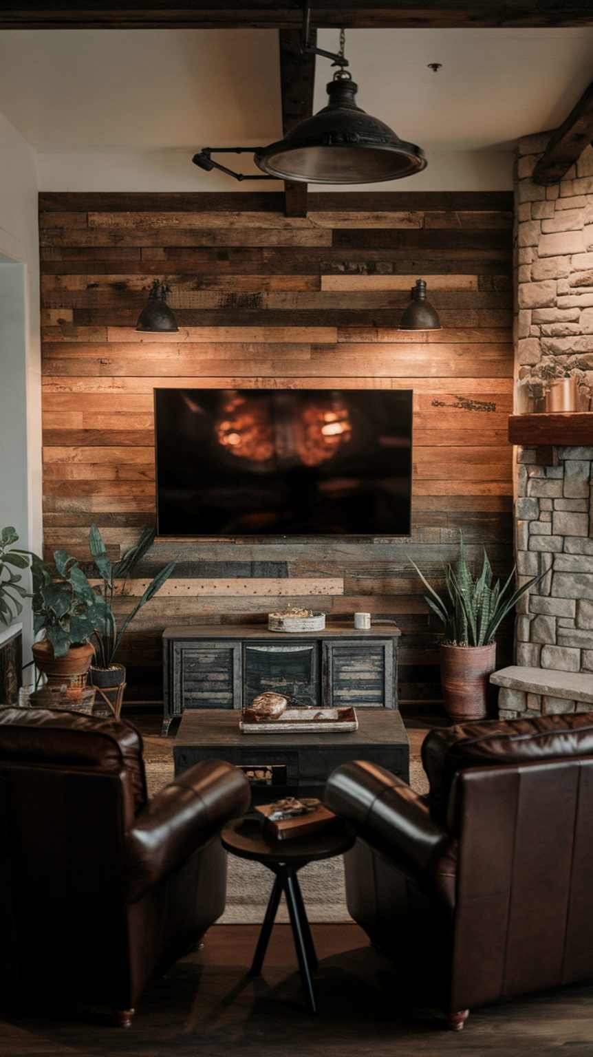 25 Gorgeous Living Room TV Wall Ideas to Transform Your Space | The ... - Dark Wood Accent Wall Living Room Rustic Decor