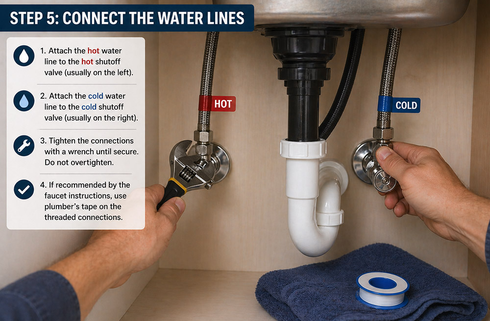 An image of water feed being re-connected to the faucet pipes