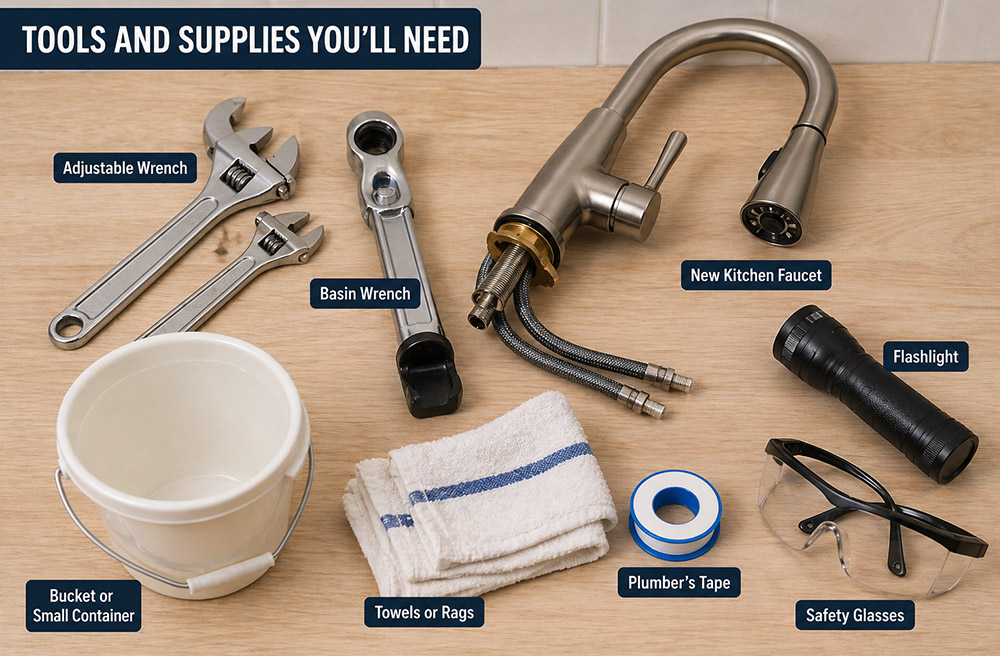 An image of the tools needed to install a faucet