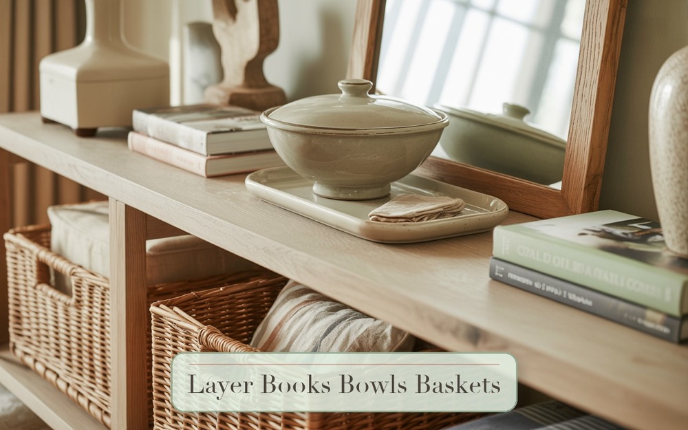 Step 4: Layer Books, Bowls And Baskets console table styling image
