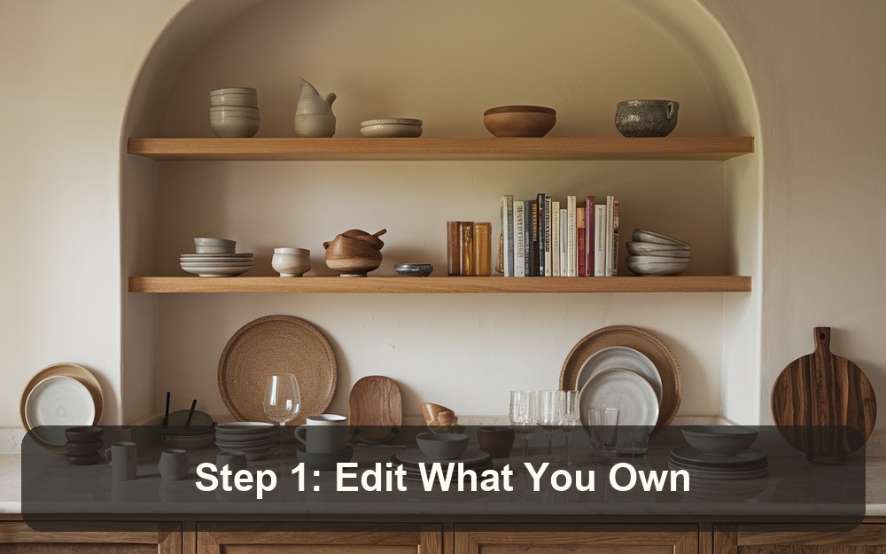 Step 1: Edit What You Own - open kitchen shelf styling