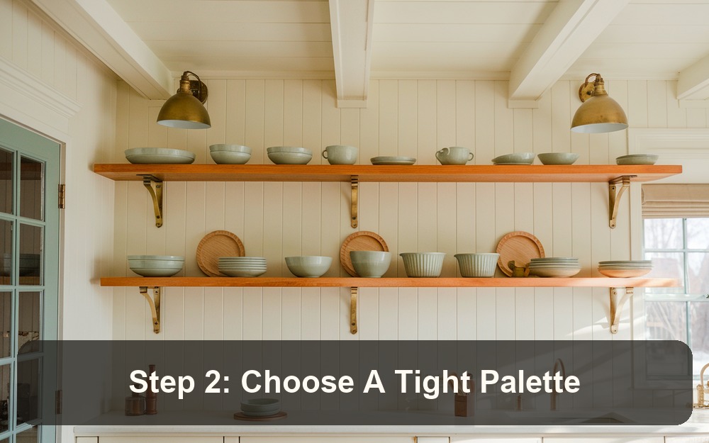 Step 2: Choose A Tight Palette - open kitchen shelf styling