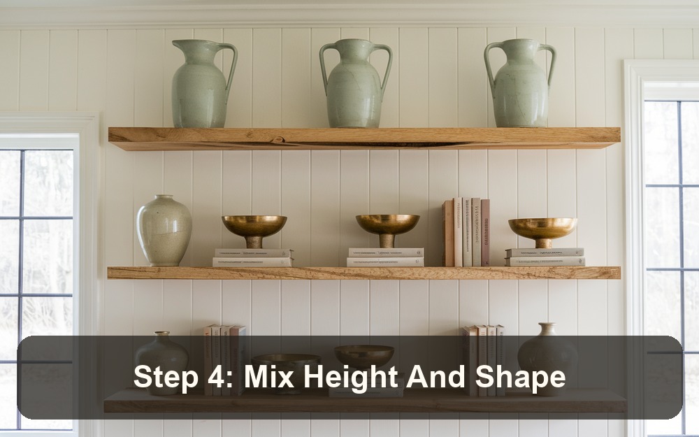 Step 4: Mix Height And Shape - open kitchen shelf styling