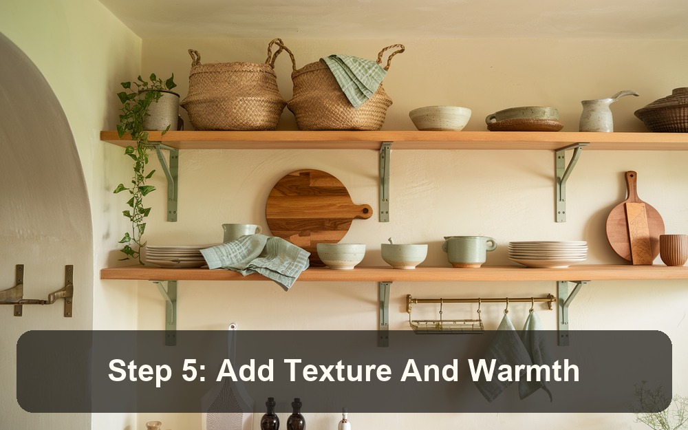 Step 5: Add Texture And Warmth - open kitchen shelf styling