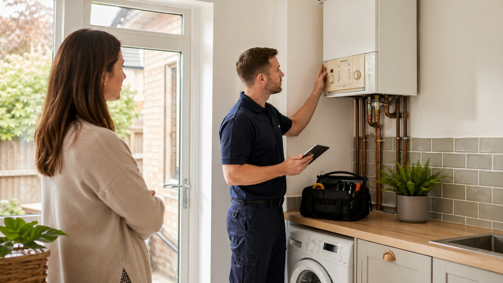 Heating engineer inspecting an older boiler before replacement
