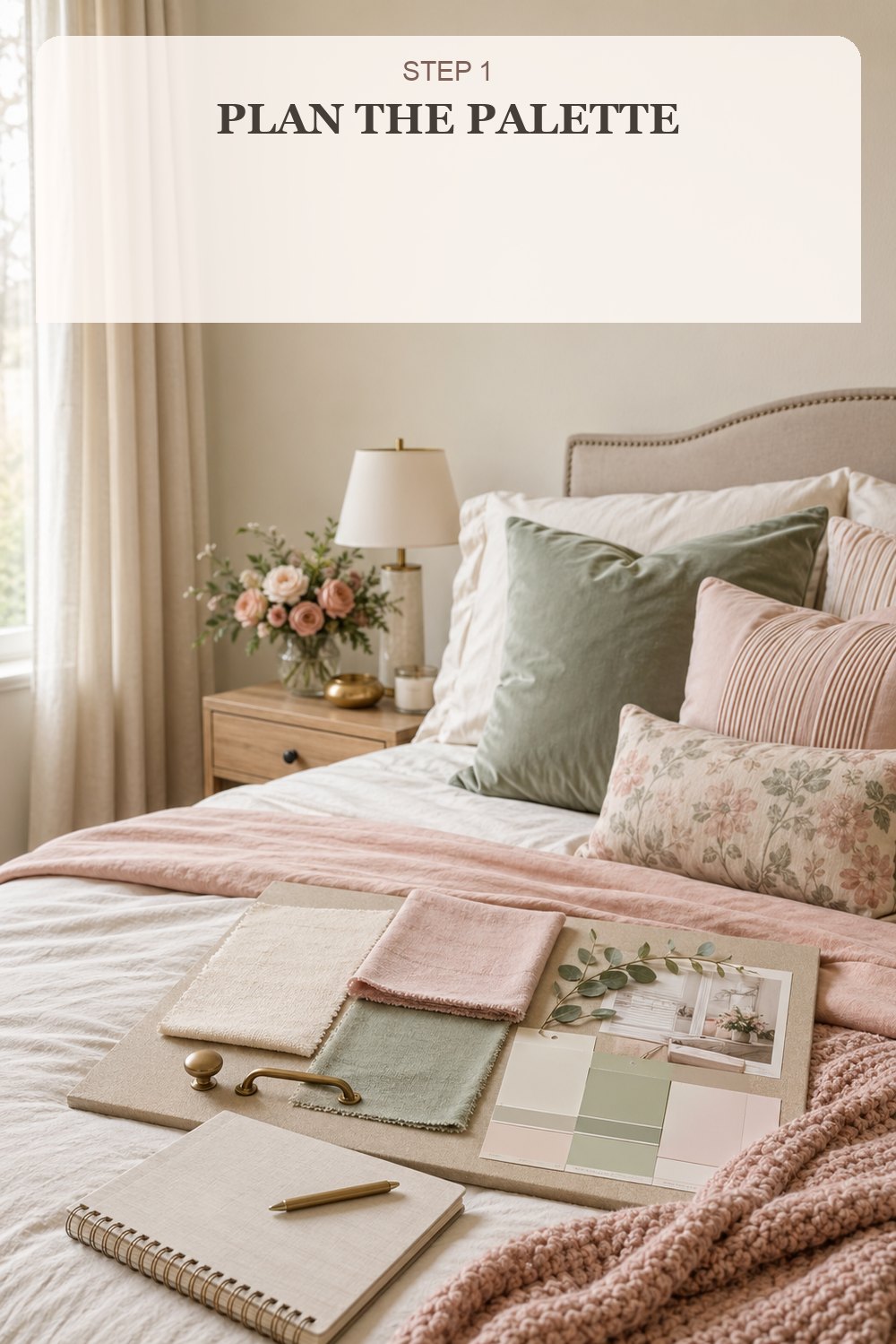 Step 1 plan the palette for a cozy feminine bedroom with blush and sage decor swatches