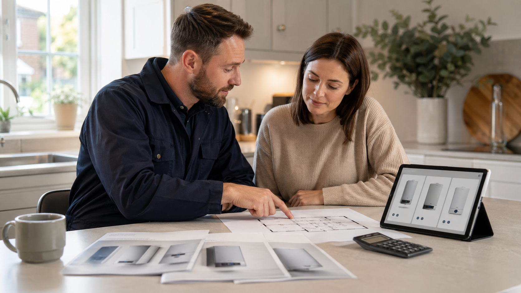 Engineer and homeowner reviewing boiler options and home heating plans