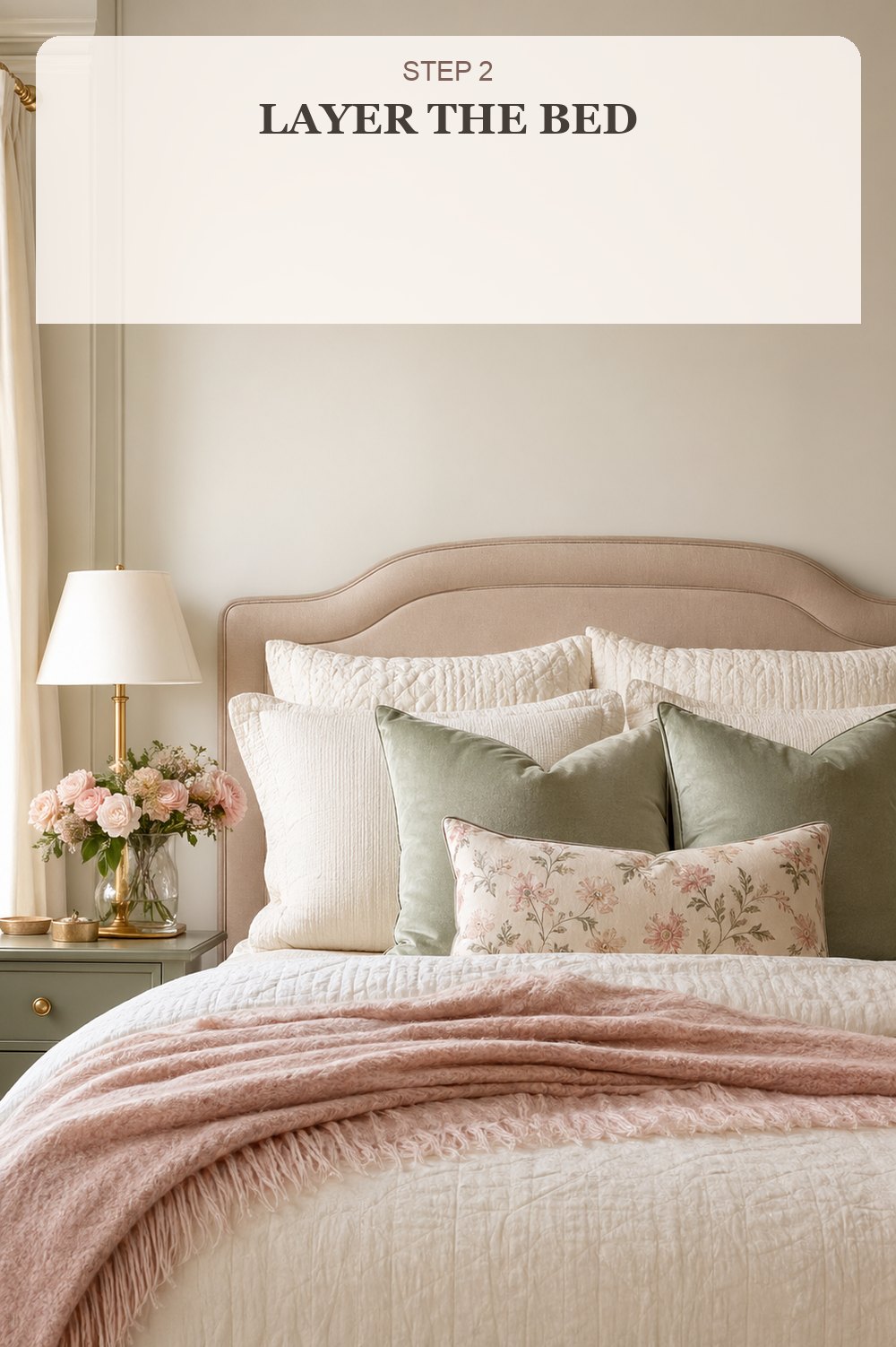 Step 2 layer the bed with ivory bedding blush throw and sage pillows