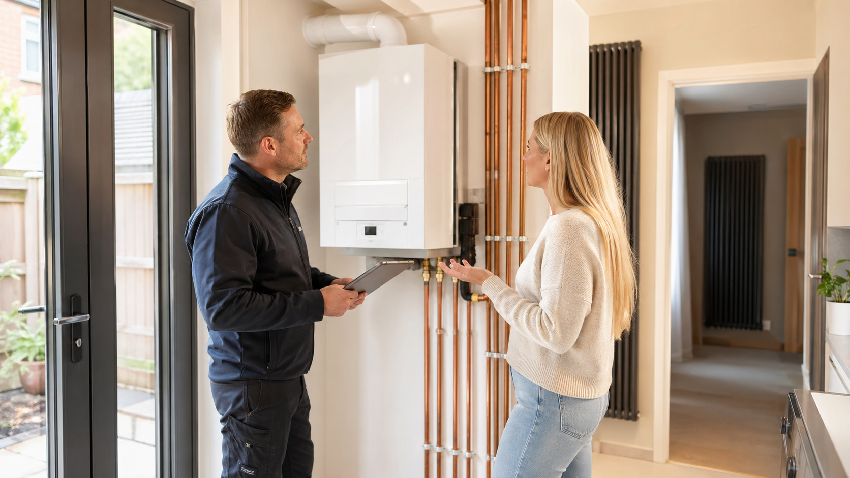Heating engineer surveying boiler pipework and installation location
