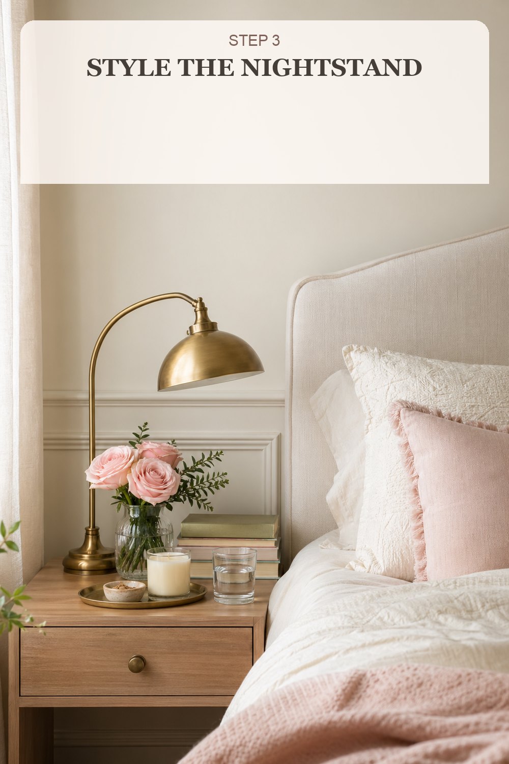 Step 3 style the nightstand with a brass lamp flowers books and candle