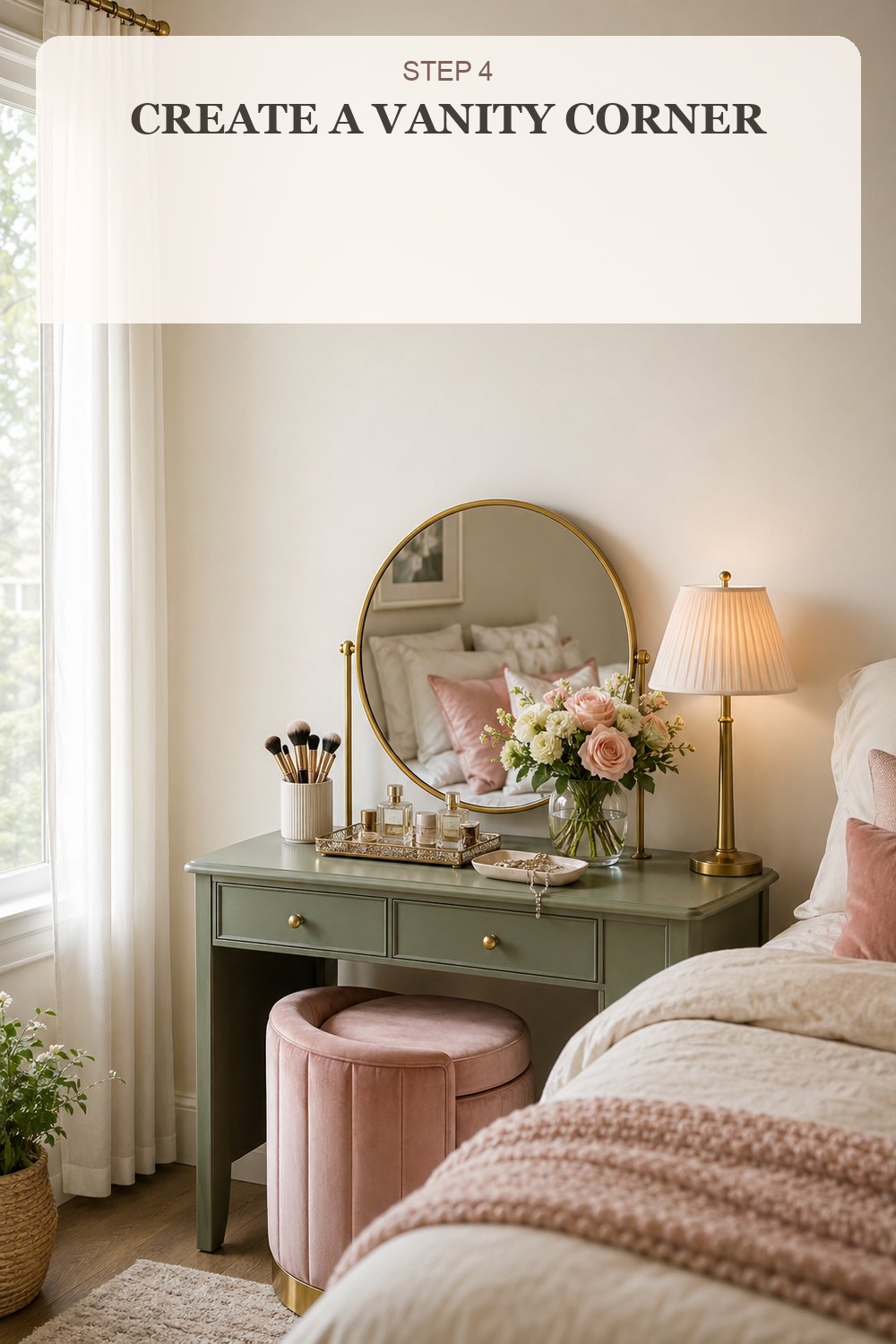 Step 4 create a vanity corner with a round mirror sage table and blush stool