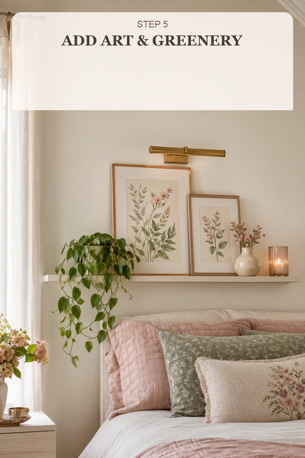 Step 5 add art and greenery above the bed with botanical prints and trailing plant