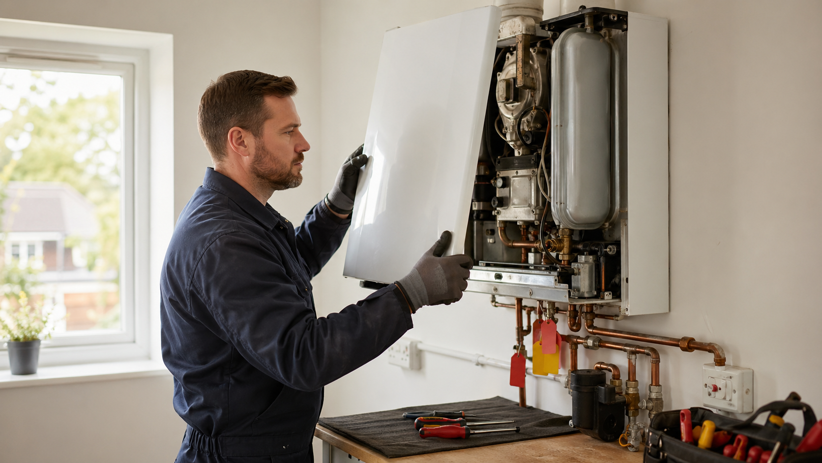 Qualified engineer safely removing the casing from an old boiler