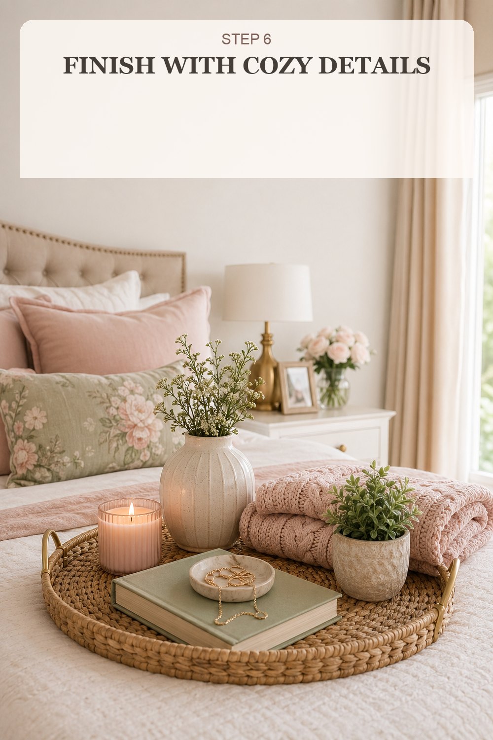 Step 6 finish with cozy details like a tray candle book flowers and knit throw