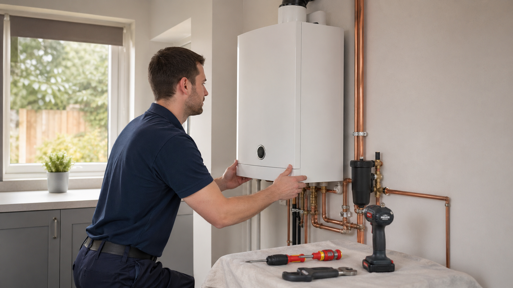 Heating engineer fitting a new wall mounted boiler and components