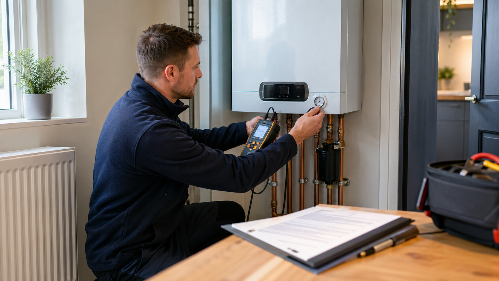 Engineer testing and commissioning a newly installed boiler