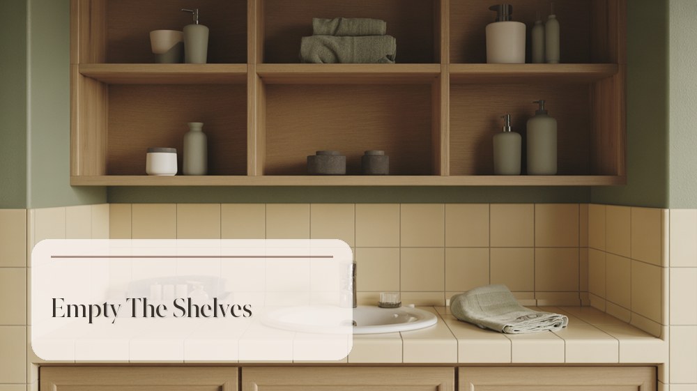 Bathroom shelves being cleared with a calm neutral counter and empty woven tray