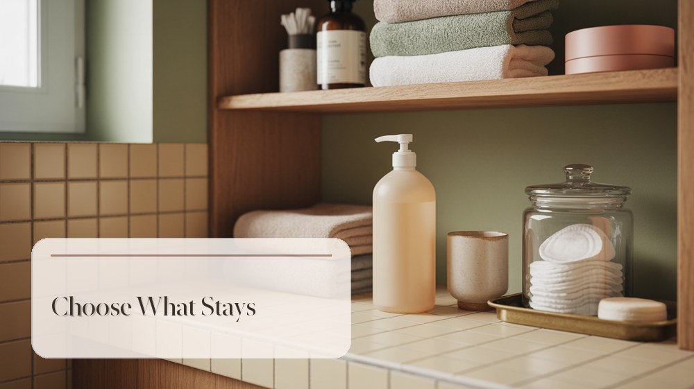 Bathroom shelf with folded towels, jars, and daily essentials grouped by use