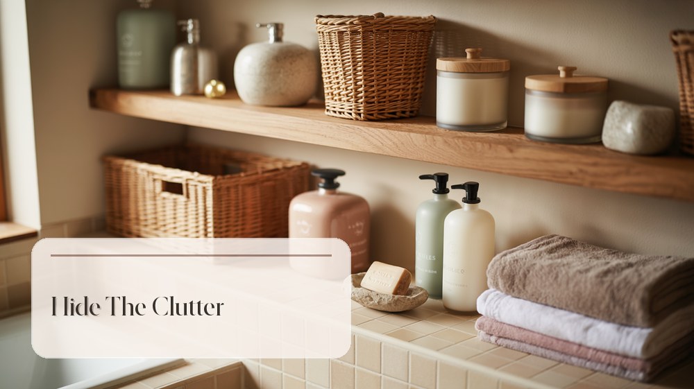 Bathroom shelves with woven baskets, ceramic jars, and clear glass containers