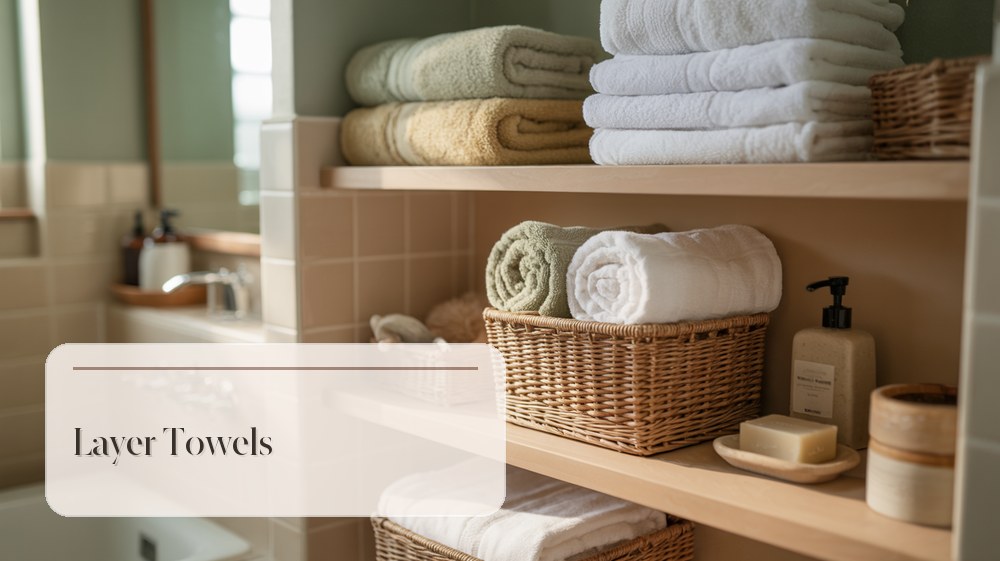 Bathroom shelf with folded white towels, rolled washcloths, and linen textures