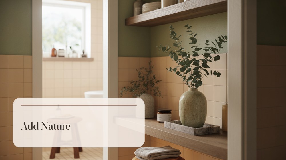 Bathroom shelves with ceramic vase, small greenery, candle, and natural textures