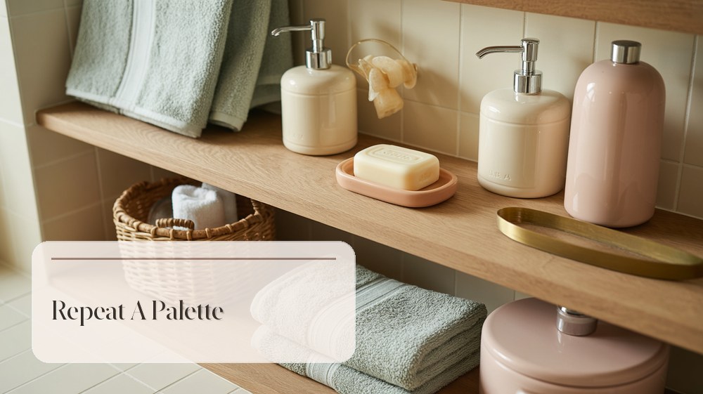 Bathroom shelves styled with warm wood, sage towels, cream ceramics, and soft lighting