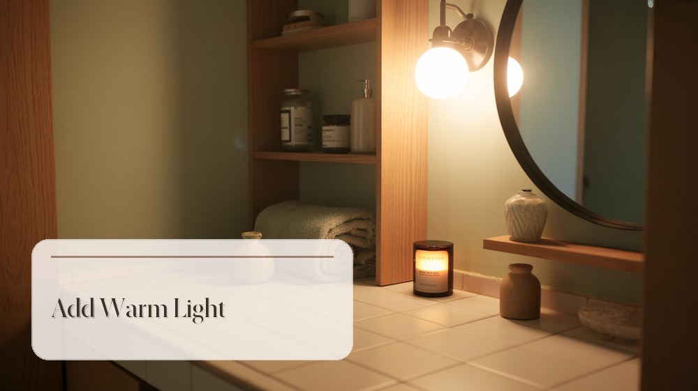 Bathroom shelf with wall sconce, candle, mirror glow, and softly styled jars