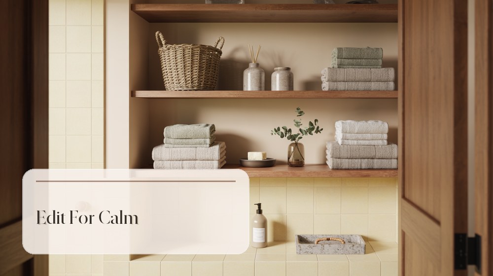 Finished bathroom shelves with balanced towels, baskets, jars, plant, and simple decor