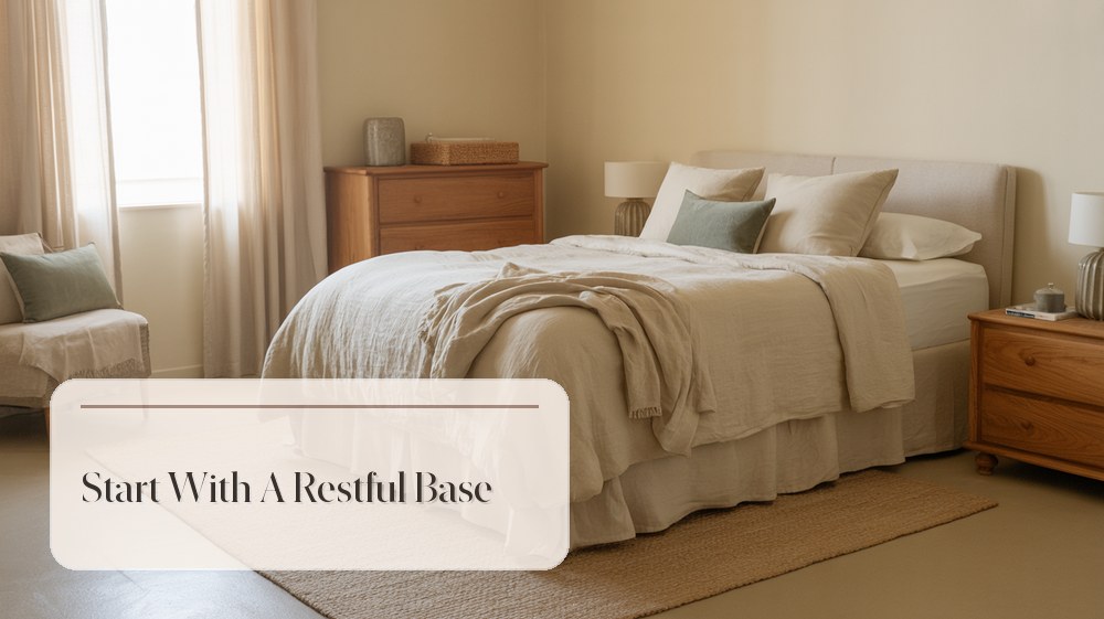 Guest bedroom with neutral bedding, soft curtains, and a calm uncluttered layout