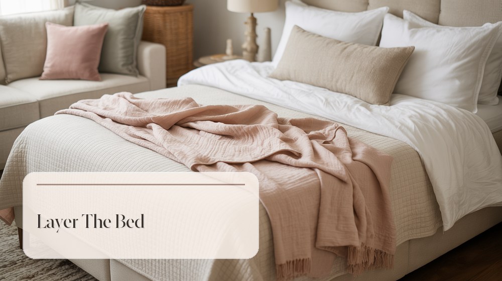 Guest bed with layered white sheets, quilt, throw blanket, and supportive pillows