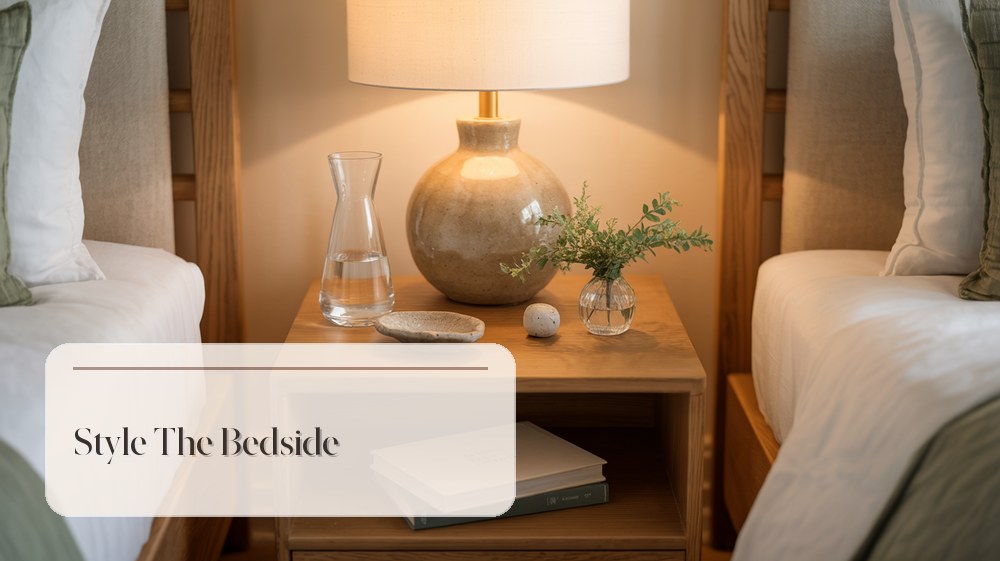 Guest bedroom nightstand with lamp, water carafe, small dish, and greenery