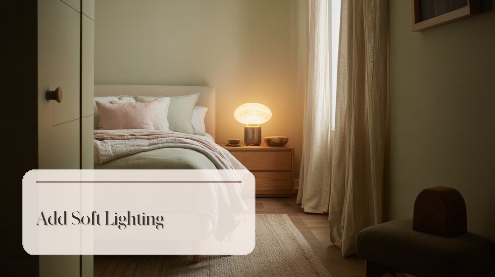 Guest bedroom with warm bedside lamp, soft curtain light, and cozy evening mood