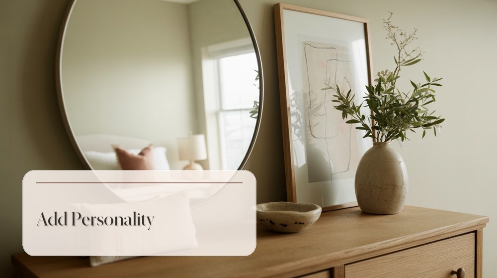 Guest bedroom with framed abstract art, ceramic vase, mirror, and simple plant