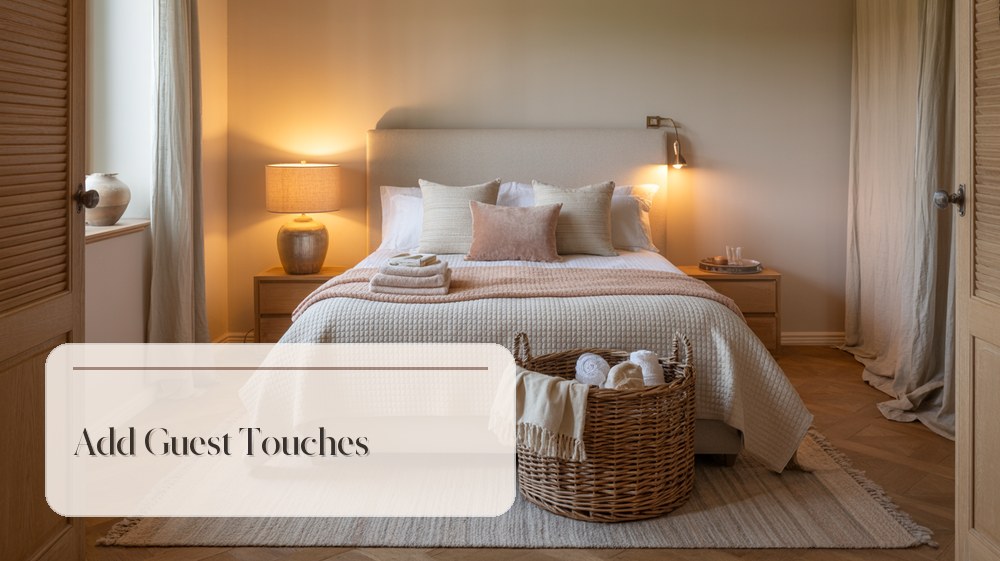 Finished calm guest bedroom with folded towels, basket, bedding, lamp, and welcoming decor