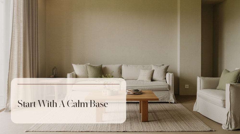 Neutral living room foundation with sofa, rug, coffee table, and soft natural light