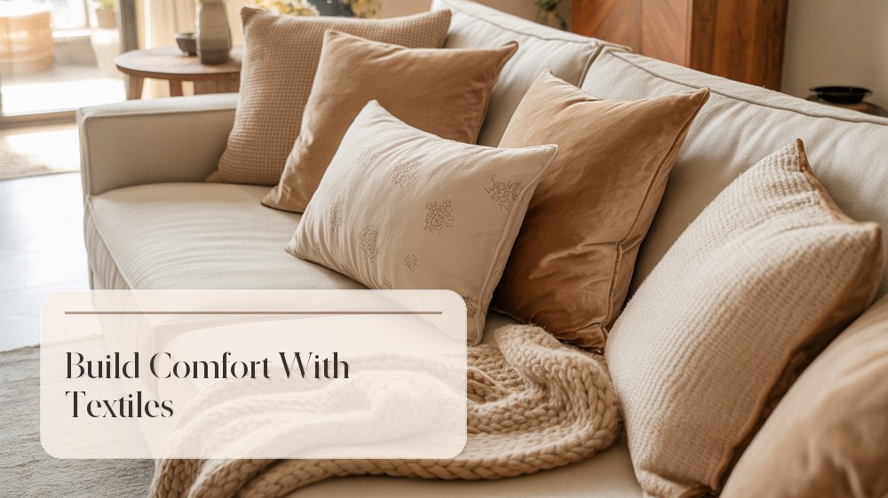 Living room sofa styled with layered cushions and a soft throw blanket