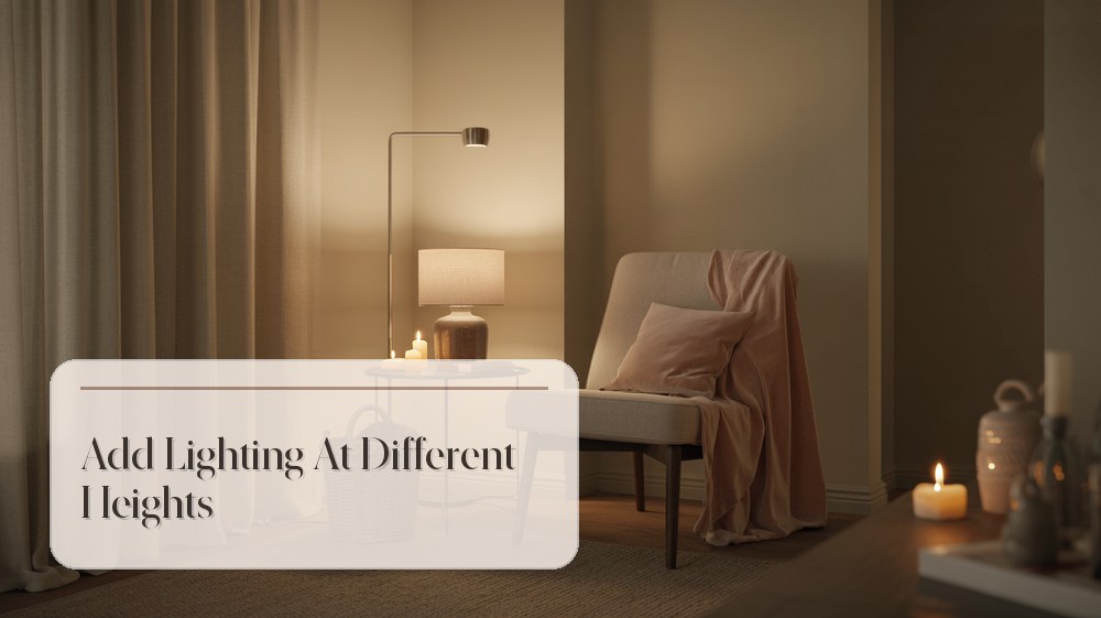 Layered living room lighting with floor lamp, table lamp, and candles