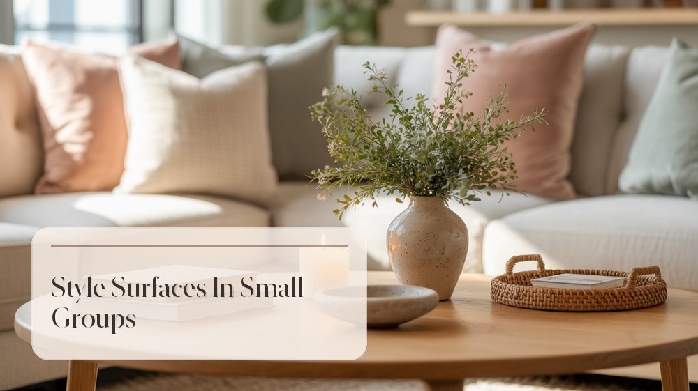 Coffee table styled with tray, ceramic vase, candle, bowl, and greenery